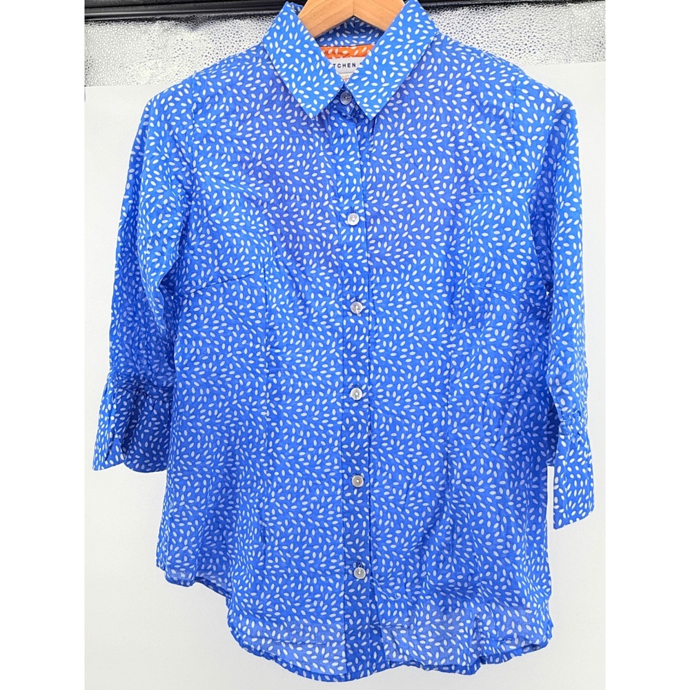Gretchen Scott Womens Shirt Blue White Pattern Ruffle Sleeve Preppy Coastal szS